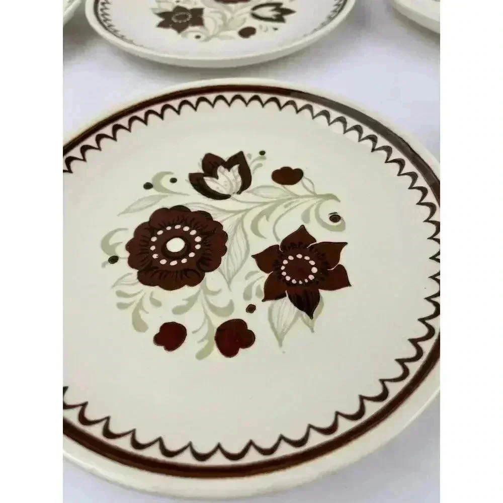 VTG Set of 6 1970's Floral Dessert Plate Brown‎ Tan Flowers 6